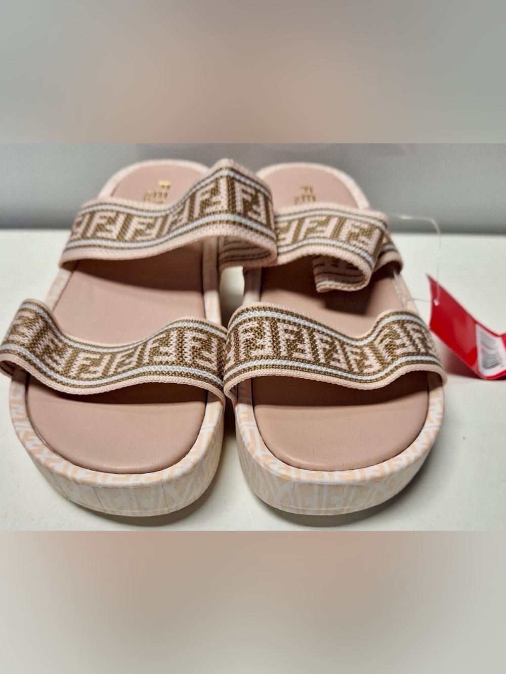Fendi Baguette FF Raffia Platform Double-Strap Slide Sandals Pink Beige NWT 38